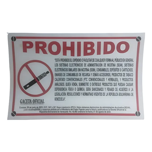 Aviso Prohibición Uso Vaper Electrónico ( 50 X 80 Cms )