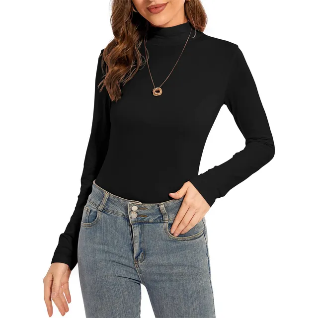 Camiseta Manga Larga Cuello Alto Falso Para Mujer