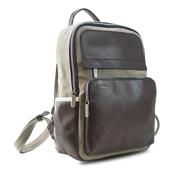 Mochila Combinada En Tela Canvas Bolsillo Frontal Lincolns Color Topo