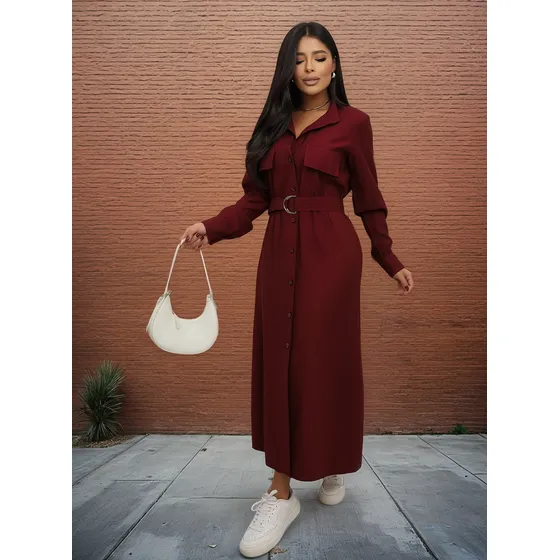 Vestido Chamise  Midi Com Botões Manga Longa E Cinto