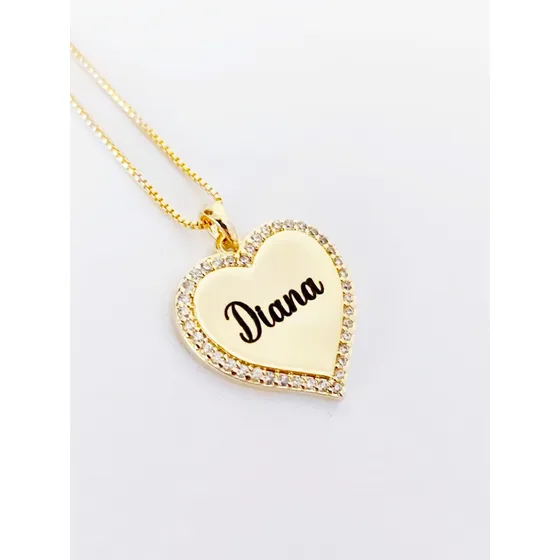 Corrente Pingente Colar Coração Nome Zircônia Folheado Ouro Cor Dourado