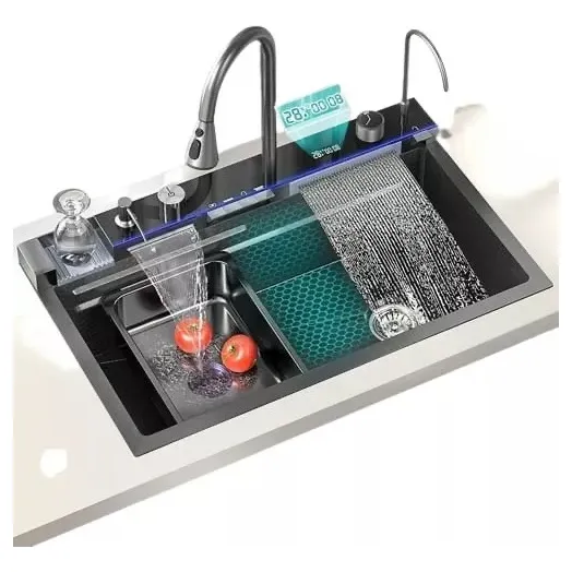 Bacha de Cocina Doble Colnova Lavaplatos Moderno 451 de Acero Inoxidable Color Nano Black Pulido Fino