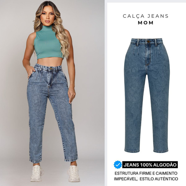 Calça Jeans Moom Luxo Moda Feminina Escura Cos Alto 100% Calça Jeans Moom Luxo Moda Feminina Escura Cos Alto 100%