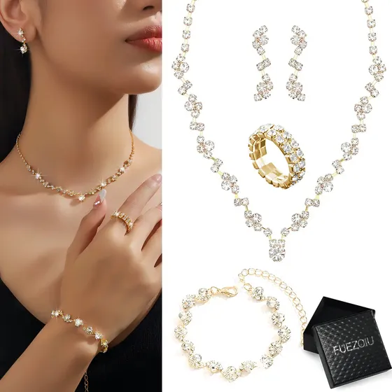 Kit 4 Pz Joyería Juego De Collar Pulsera Pendientes Y Anillo Para Novia Mujer Color Oro