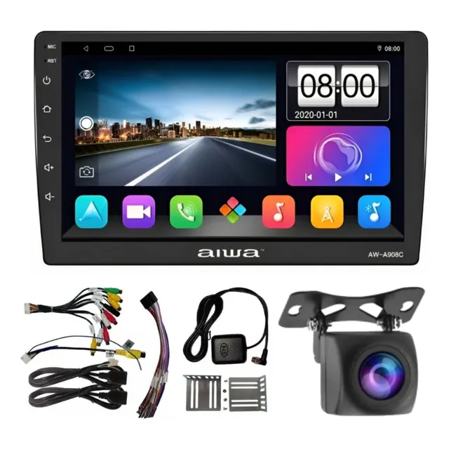 Radio Carro Android Aiwa Wifi Octacore 64GB Rom 4GB Ram 2 Din Pantalla QLED HD 9'' Aw-a908c