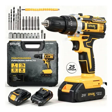 Parafusadeira Furadeira Sparkbr 2 Baterias 21v + Maleta Com Acessórios Kit Completo Led Eixo Flexível 2 Níveis Velocidade Torque Amarelo 127/220v 50/60 Hz