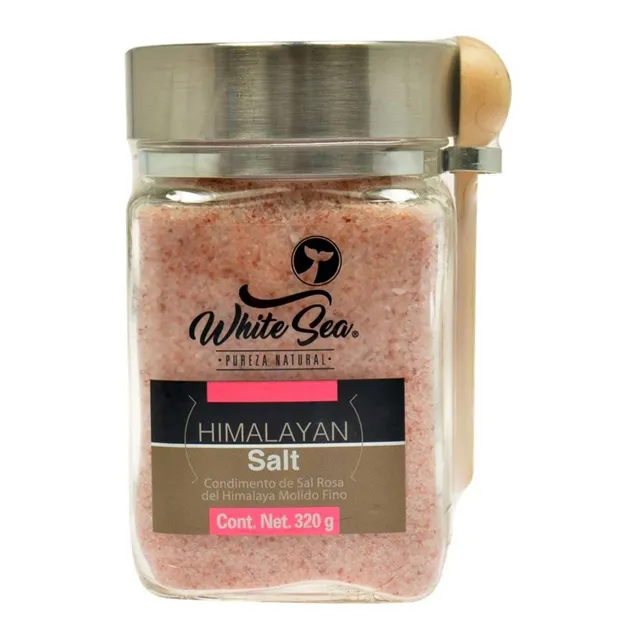 Sal Rosa del Himalaya Molida White Sea en Tarro Vidrio Cuchara 320g