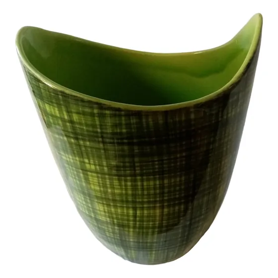 Antiguo Jarrón Francés En Loza. Florero Verde Musgo Rayas