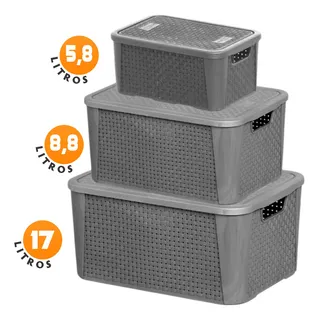 Kit 3 Caixas Cestos Organizadoras Tampa Rattan Retangular Kit 3 Caixas Cestos Organizadoras Tampa Rattan Retangular