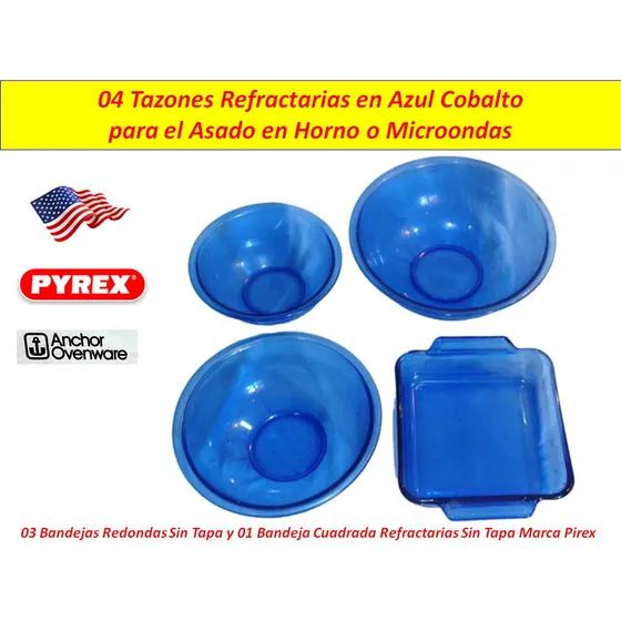 04 Tazones Refractarios En Azul, Para Horno O Microondas