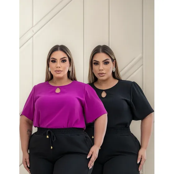 Kit 2 Blusas Feminino Gola Redonda Com Mangas Lisa Plus Size