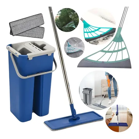 Mop Limpeza Esfregão Balde Flat Limpa + Rodo Vassoura Mágica Azul