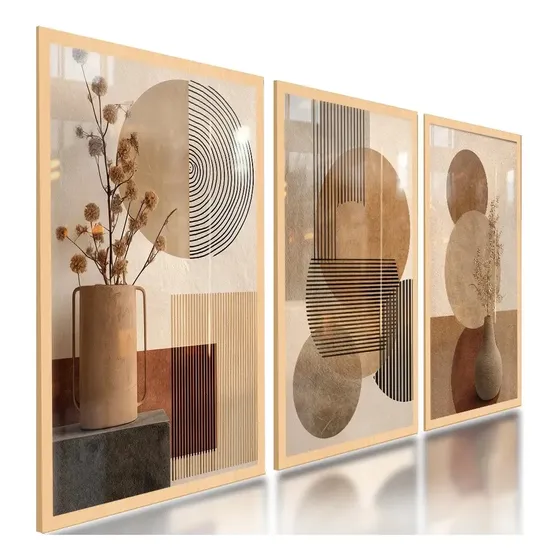 Quadros Abstratos Geométricos Boho Terroso Marrom 122x60 Cor Carvalho Armação Infinita