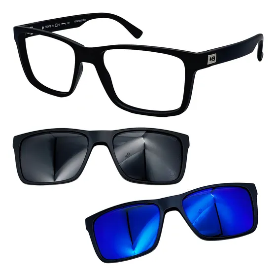 Oculos Hb Switch 0472 Preto Com 2 Clipons Cinza E Azul Cor Cinza/azul
