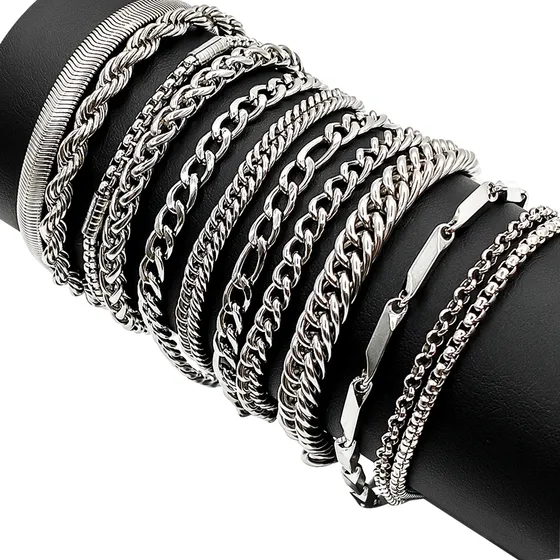 12pzs Pulseras Acero Inoxidable Cubano Eslabón Plata Hombre