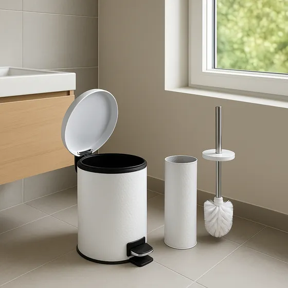 Set De Accesorios De Baño Jazak Elegante Linea Hogar Tacho De Basura Escobilla Limpia Inodoro Cepillo Limpieza Valde Extraíble Color Blanco