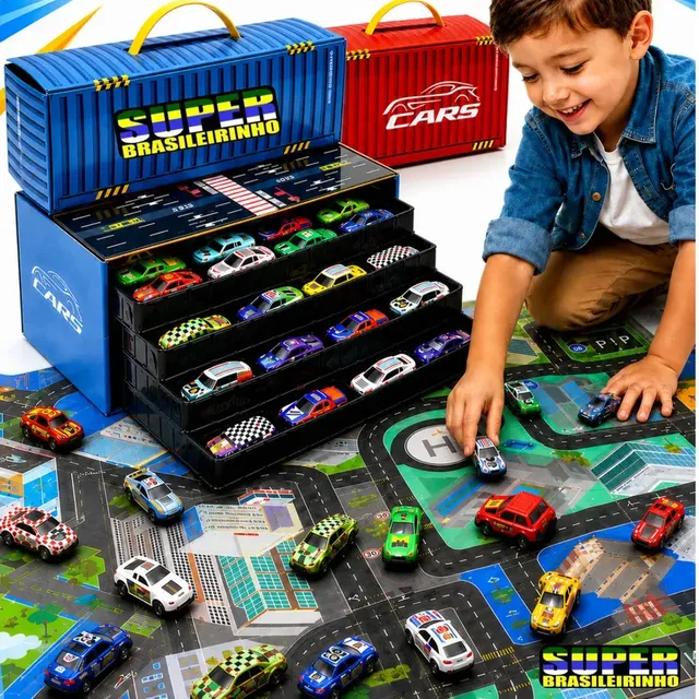 Maleta 48 Carrinhos + Tapete Pista 40x60 Estacionamento Brinquedo Infantil Presente Criança - Super Brasileirinho