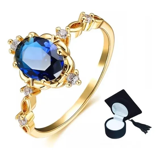 Anel De Formatura Pedagogia Safira Azul Banhado Ouro 18k 