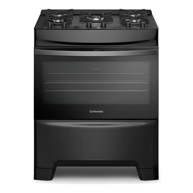 Fogão 5 Bocas Continental Preto Mesa De Vidro, Forno Eco Turbo E Tripla Chama (fc5gb) - Bivolt