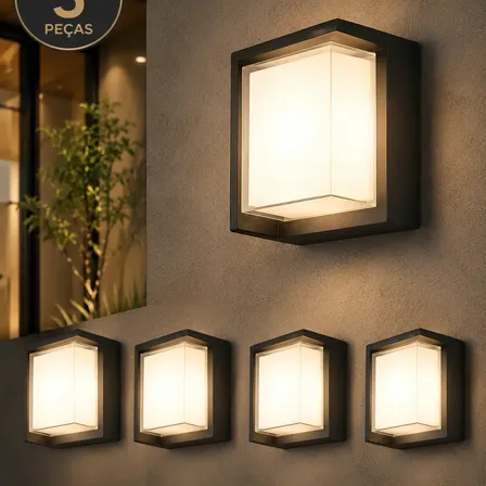 Kit 5 Arandela Quadrada Moderna A Prova De Agua 8w Bivolt 127/220v Preto Ip65 Blindada Preta Para Muro Parede Area Externa Led 3000k Disoma