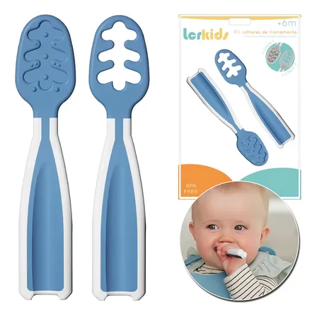 Colheres Treinamento Lerkids Auto Alimentação Bebê Azul Rosa Cinza Cor Azul Blue