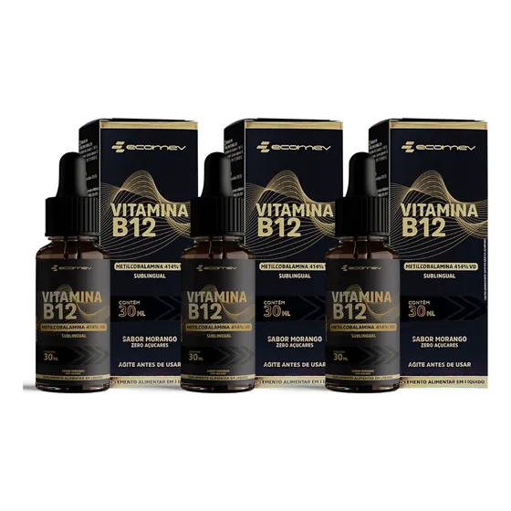 3un B12 Metilcobalamina Forma Ativa Gotas Sublingual 414%vd 30ml Sabor Morango - Ecomev