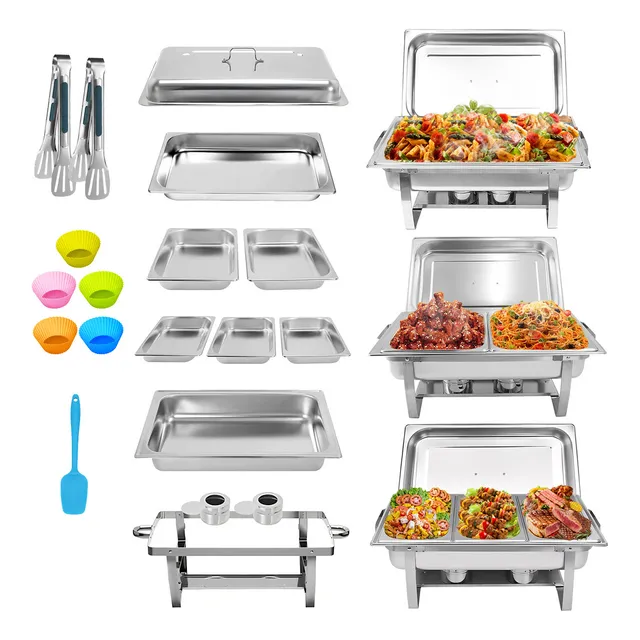 Welikera Chafer Bufetera Acero Inoxidable Vaporera Insertos, 11L Chafer Buffet con Bandejas 3 Tipos, Calentador De Buffetera Alimentos, 1+2+3 Chafer Bufetera Plegable Completo