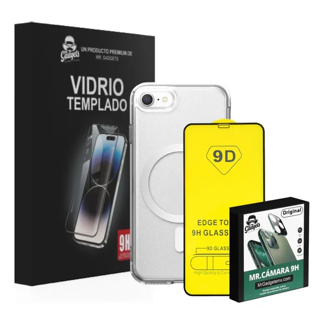 Mr. Gadgets Total Kit Armor Funda Case Transparente Magnética + Mica Pantalla Cristal Templado 9d + Mica Cámara Protector Para iPhone Magsafe
