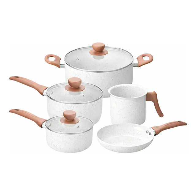 Jogo De Panelas 5 Peças 3mm Revestimento Cerâmico Creme Para Fogão Indução E Tradicional A... Jogo De Panelas 5 Peças 3mm Revestimento Cerâmico Creme Para Fogão Indução E Tradicional A...