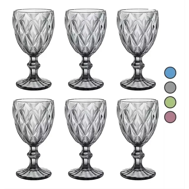 6 Pzs Copa De Vino Cristal De Agua Grabado Vidriera Vintage