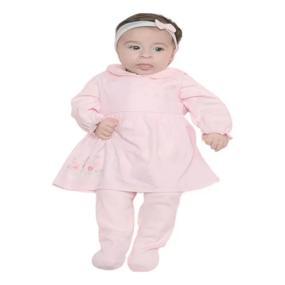 Saída Maternidade Algodão Bordado Vestido Rosa 5 Pçs Fofinho