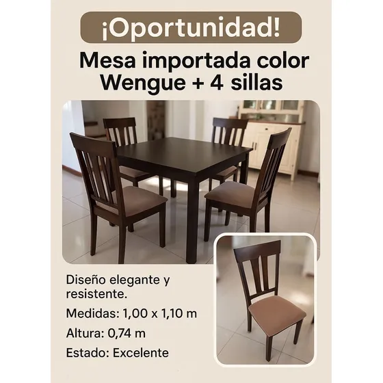 Mesa Moderna 4 Sillas Madera Color Wengue 100x100 Cm