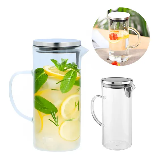 Jarra Vidro Boro Tampa Inox 1,5 Litro Suco Água Resistente