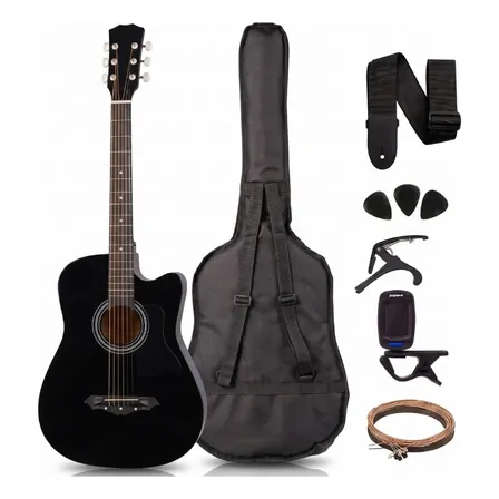 Guitarra Acústica AG002 Negro Arce Brillante Con Accesorios Para Diestros
