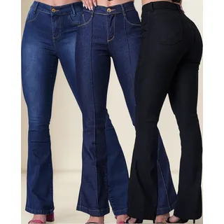 Kit 3 Calça Flare Feminina Jeans Cintura Alta Levanta Bumbum Kit 3 Calça Flare Feminina Jeans Cintura Alta Levanta Bumbum