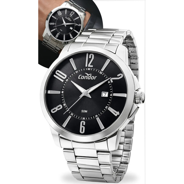 Relógio De Pulso Condor Com Corria De Aço Inoxidável Cor Prateado - Fondo Preto