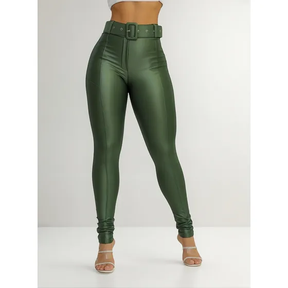 Calça Legging Montaria Em Cirre Com Cinto E Bolso Cós Alto