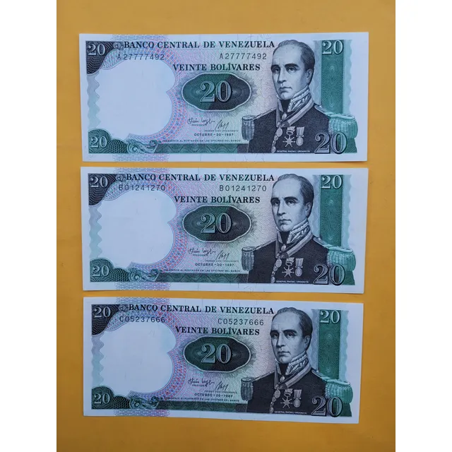 Billetes 20 Bs 1987. Bicentenario Natalicio Rafael Urdaneta.