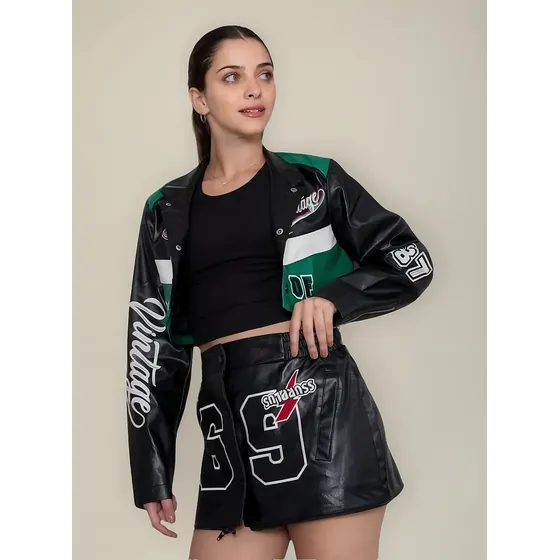 Campera Eco Cuero Universitaria Mujer Lisa Tendencia 