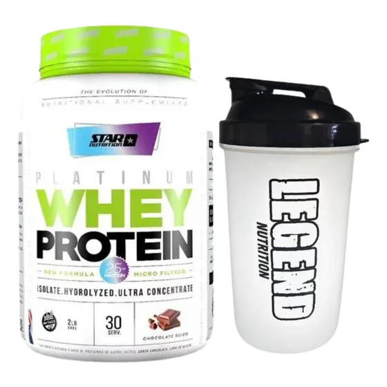 Suplemento En Polvo Star Nutrition Platinum Whey Protein Chocolate Suizo Pote 908g Vaso Legend 600ml