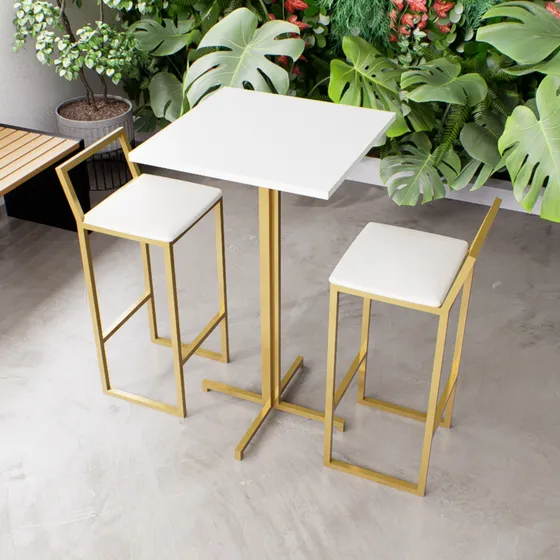 Jogo Mesa Alta Bistrô Quadrada Branca 2 Banquetas Dourado