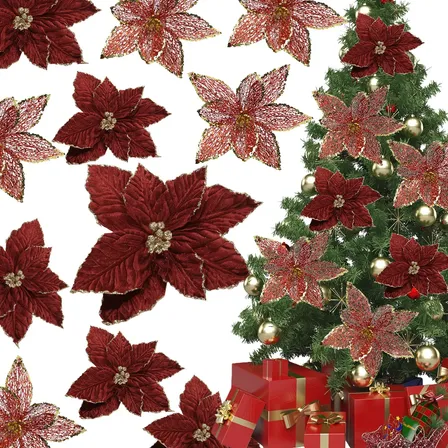 Kit 10 Flores Artificiais De Enfeite Natal Arvore Decoração Vermelho