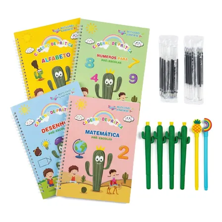 Kit 4 Cadernos Mágicos Caligrafia Infantil Reutilizável 3+ Português G (26x20cm)