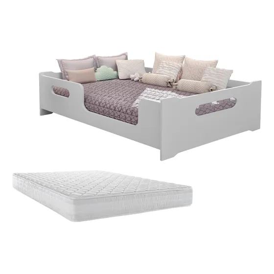 Cama Casal Montessoriana Branco Com Colcão E Grades Moderna