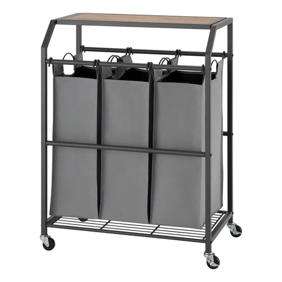 Carrito Servicio Cesta De Ropa 3 Compartimientos Metálicos