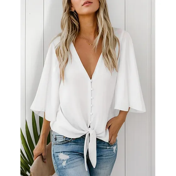 Blusa Cuello V Con Corbata Y Manga 3/4 Tipo Blazer