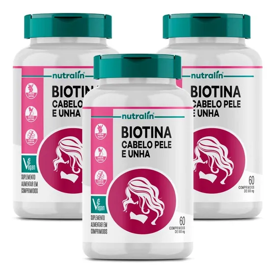 3 Potes Biotina Cabelo, Pele E Unha 60 Caps - Nutralin Sabor Sem Sabor