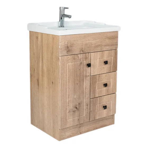 Vanitorio Modern Space 60PHNW de 60cm de ancho, 82cm de alto y 47cm de profundidad, con bacha color blanco y mueble café con un agujero para grifería