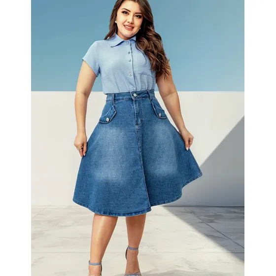 Saia Midi Evasê Rodada/godê - Jeans Com Elastano
