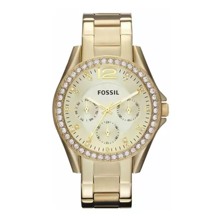 Reloj pulsera Fossil Riley Riley de cuerpo color oro, analógico, para mujer, fondo champagne, con correa de acero inoxidable color oro, agujas color blanco y oro, dial oro, subesferas color oro, minut